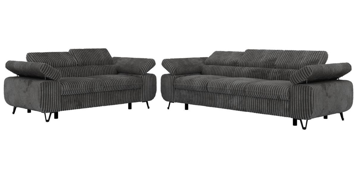 SITZGARNITUR PETER 2+3 - Grau Cord - Schwarz/Grau, Textil/Metall (262/76/99cm) - MKS