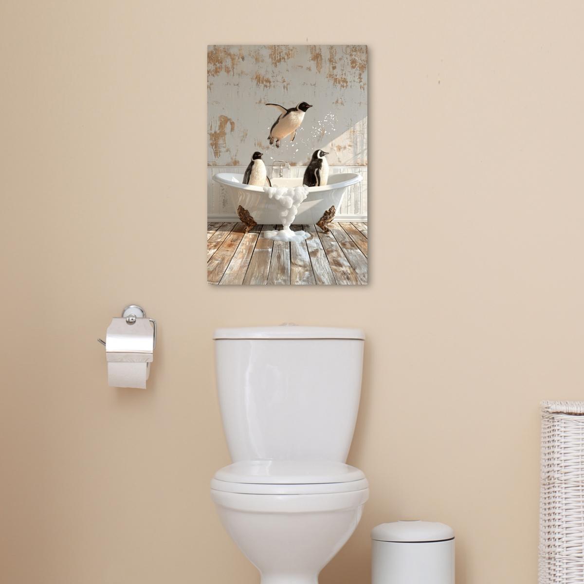 LEINWANDBILD Vintage - Pinguin - Badewanne - Schaumstoff Wanddeko 40x60 cm - Schwarz, Textil (40/60cm) - MuchoWow