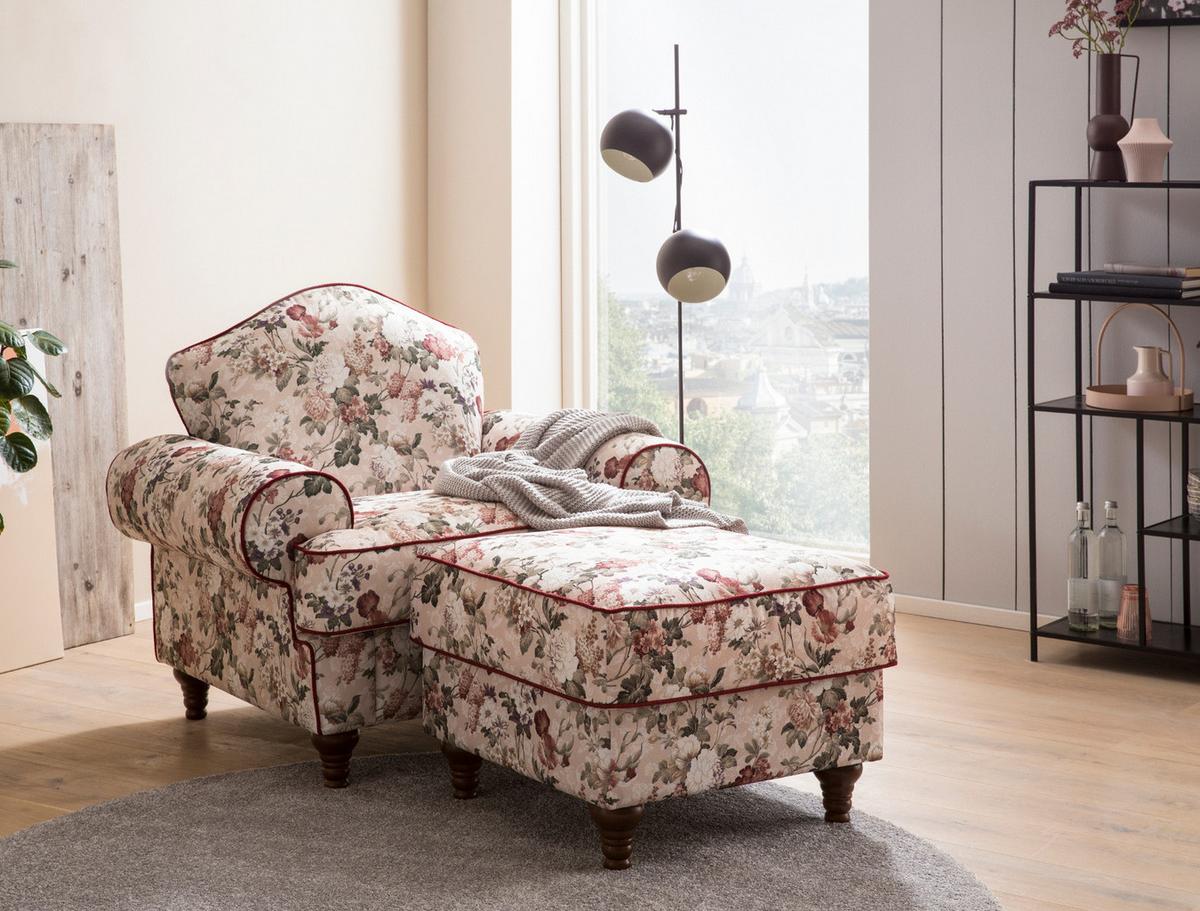 SESSEL SET 2-teilig creme Landhaus, Blumen Design 110 cm, Kombination mit Hocker - Rot/Multicolor, Holz/Textil (110/96/155cm) - Furn.Design
