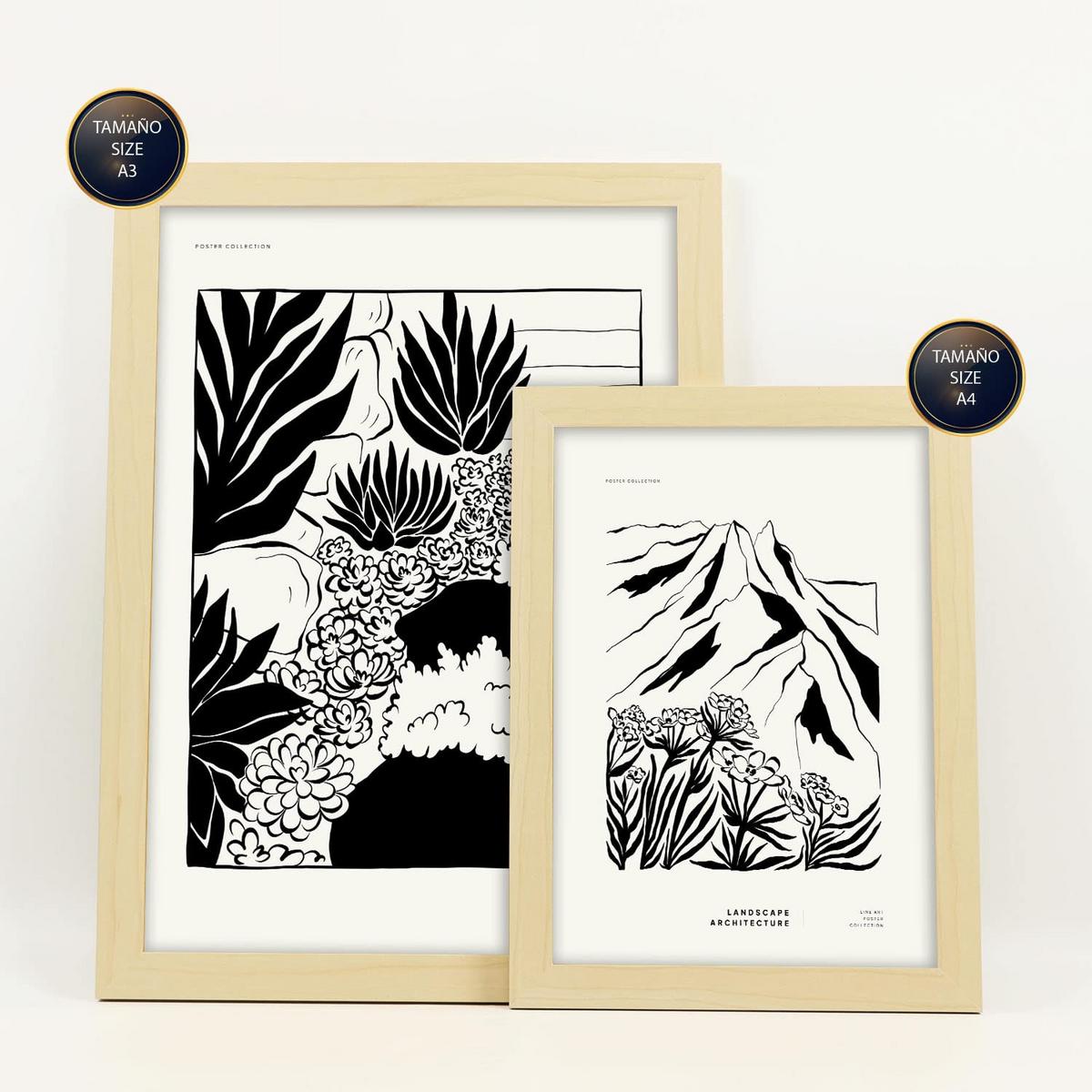 POSTER Set Mit 6 In Schwarzer Tinte Saftiger Garten Künstlerische Und Abstrakte Drucke Für Innenarchitektur A3 & A4 Rahmen Aus Hellem Holz - Beige, Papier (29/3cm) - Nacnic