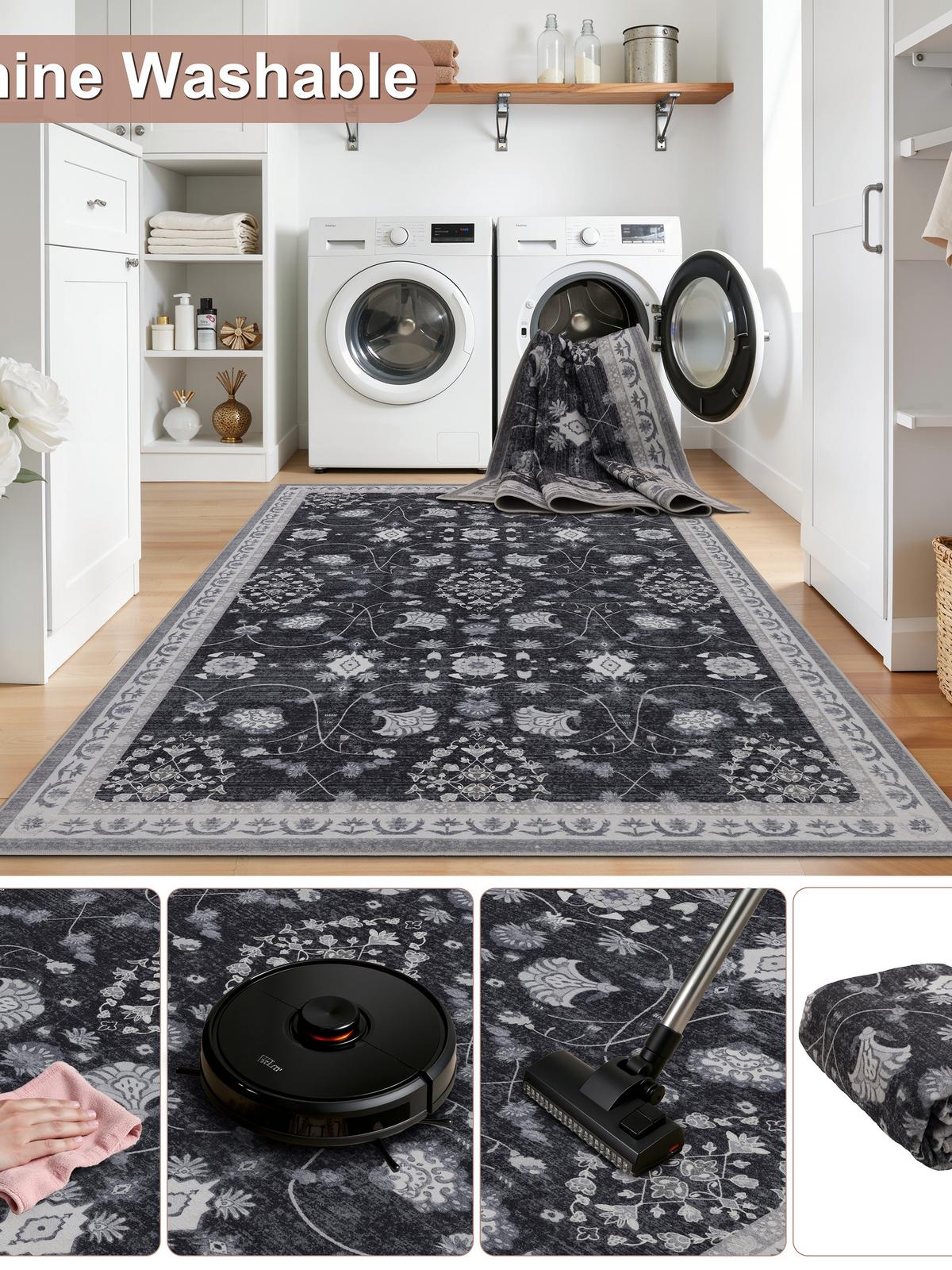 TEPPICH Kurzflor, waschbar, mit floralen Ornamenten, VERNANTE in Schwarz-Creme-Grau, Ø 120 cm - Schwarz, Textil (120/120cm) - KADIMA DESIGN
