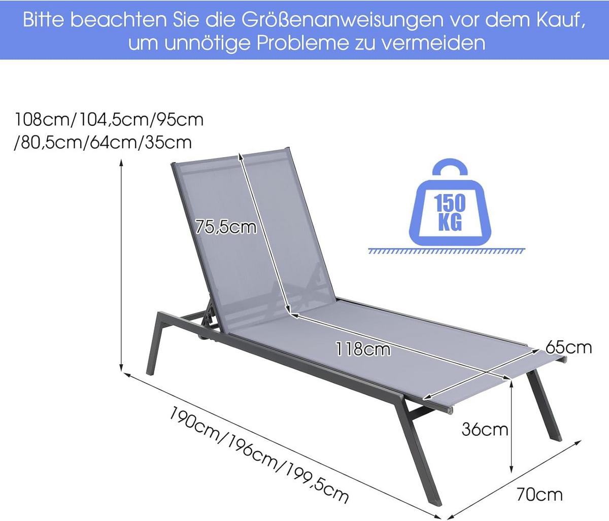GARTENLIEGE Grau - Grau, Textil (199.5/35/70cm) - COSTWAY