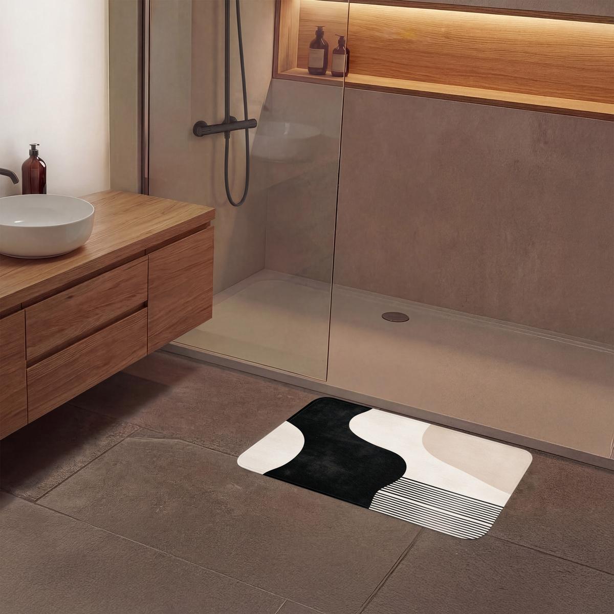 BADEMATTE Abstrakt - Japandi - Beige - Modern 80x50 cm - Beige/Schwarz, Textil (80/50cm) - OnlyWow