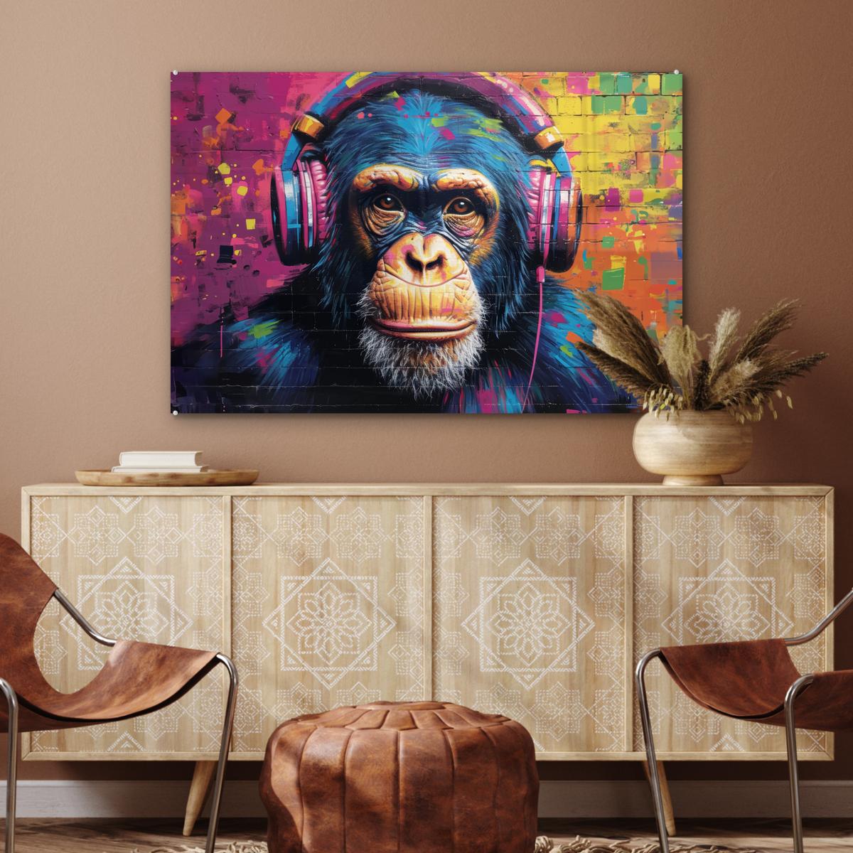 ACRYLGLASBILD Graffiti - Schimpanse - Straßenkunst - Kopfhörer - Affe Room Decor 90x60 cm - Blau, Glas (90/60cm) - MuchoWow