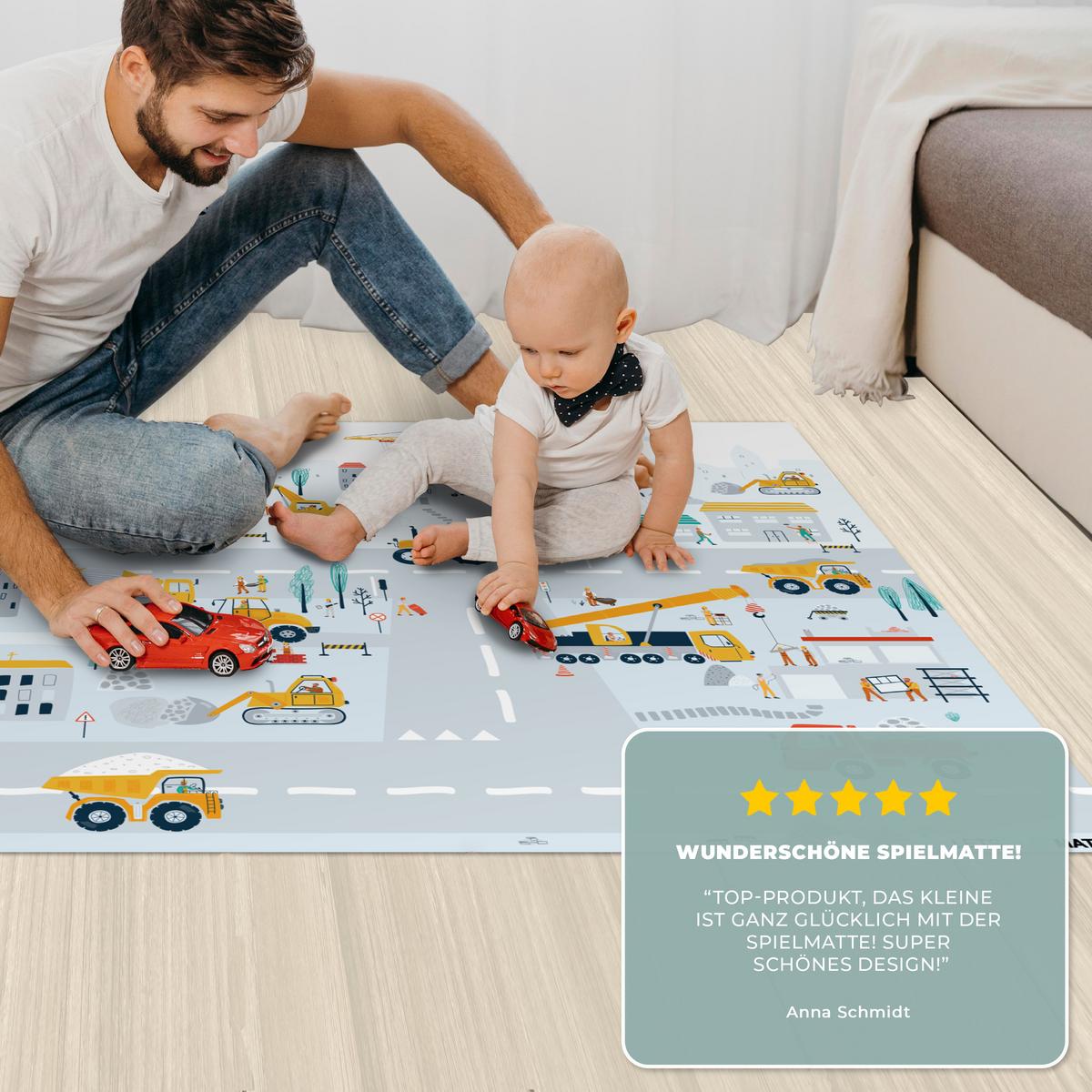KINDERTEPPICH Baustelle - Traktor - Bagger - Auto - Design Spielmatte 105x70 cm - Hellblau, Kunststoff (105/0.3cm) - OnlyWow