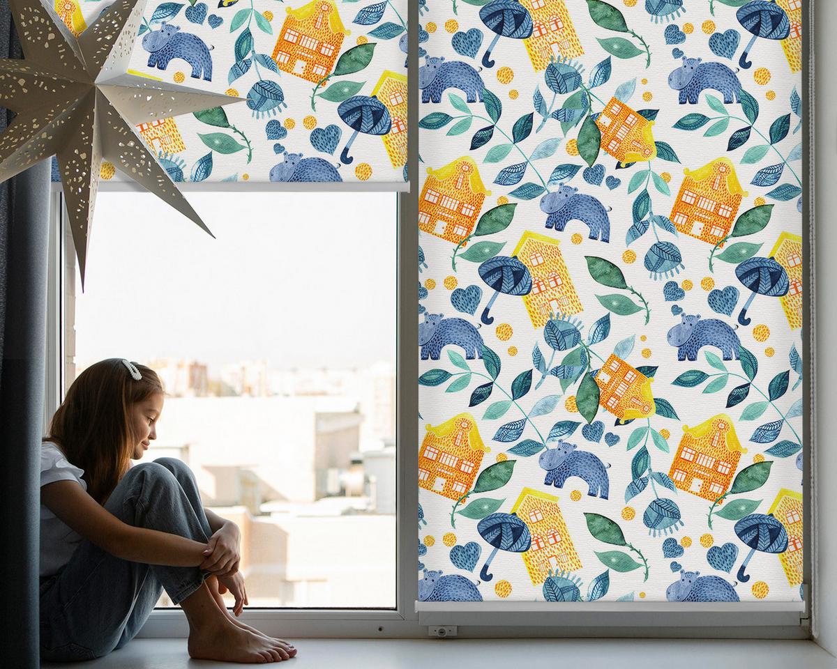 INNENROLLO - Fensterrollo - Rollo - 140x140 cm - Gelbe Häuser, blaue Pflanzen - Gelb, Kunststoff (140/140/0.5cm) - TULUP