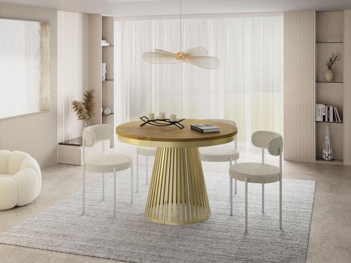 ESSTISCH Naro rund ausziehbar mit Goldem Lamellen-Metallgestell, Eiche Hell Braun 120-200/120/76 cm - Eichefarben/Goldfarben, Holzwerkstoff/Metall (100/200/76cm) - WFL GROUP
