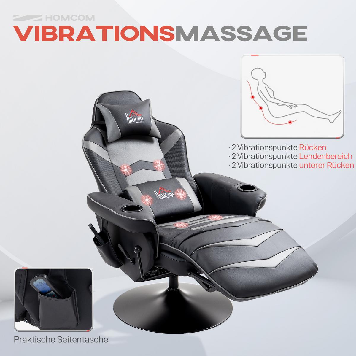 RELAXSESSEL mit Massagefunktion, Elektrisch Fernsehsessel mit Liegefunktion - Schwarz/Grau, Leder/Kunststoff (82.5/111.5/78cm) - HOMCOM