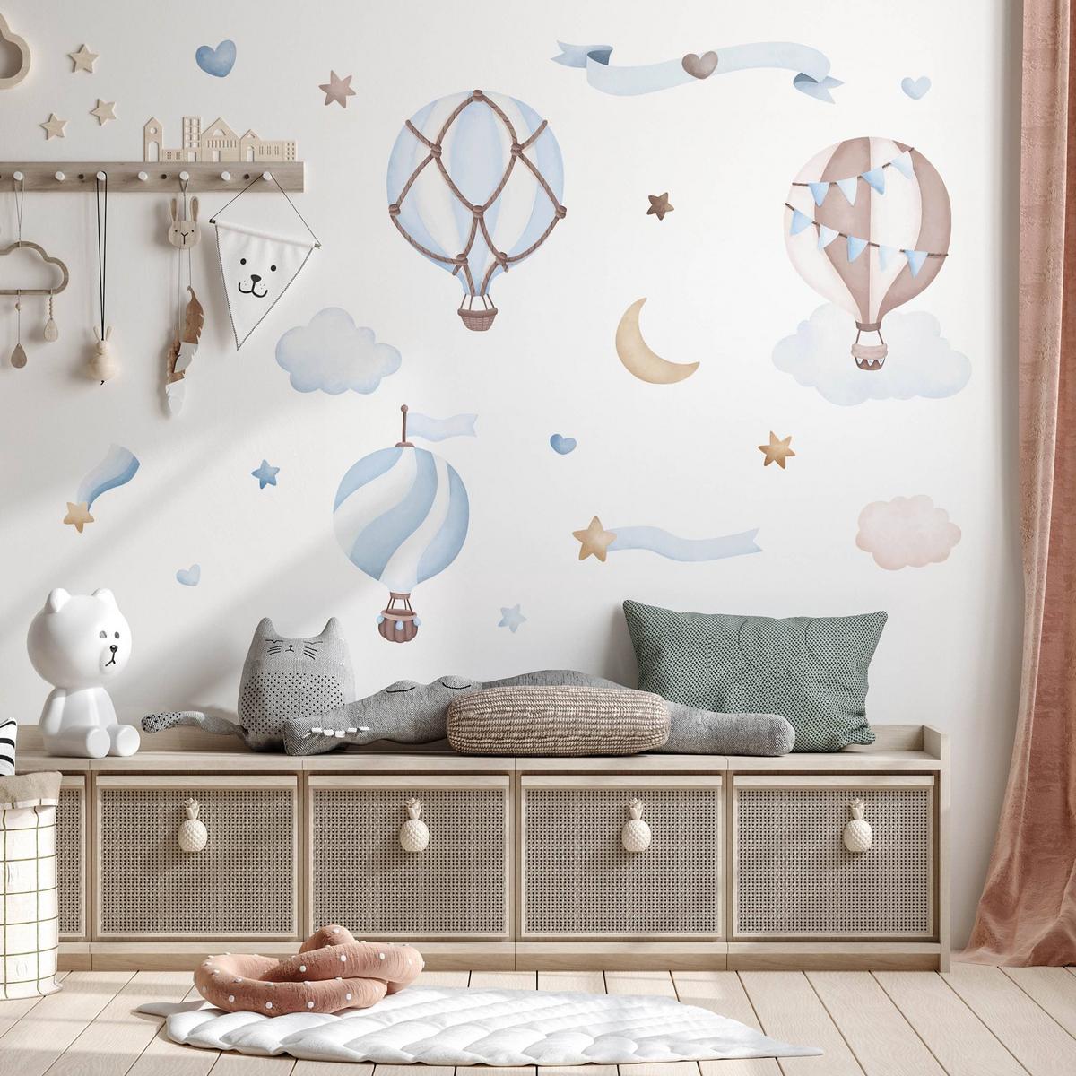 STICKER SET für Kinder blaue Luftballons Wolken Sterne Boho 120x60 - Beige/Braun, Papier (120/60/1cm) - Muralo