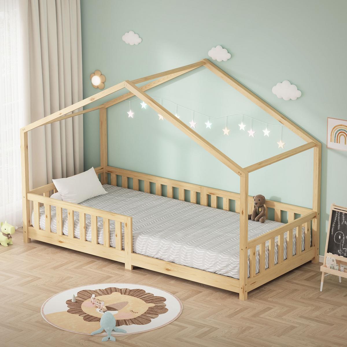 HAUSBETT 90x200 cm Natur aus Kiefernholz mit Rausfallschutz - Beige, Holz (90/200cm) - ML-DESIGN