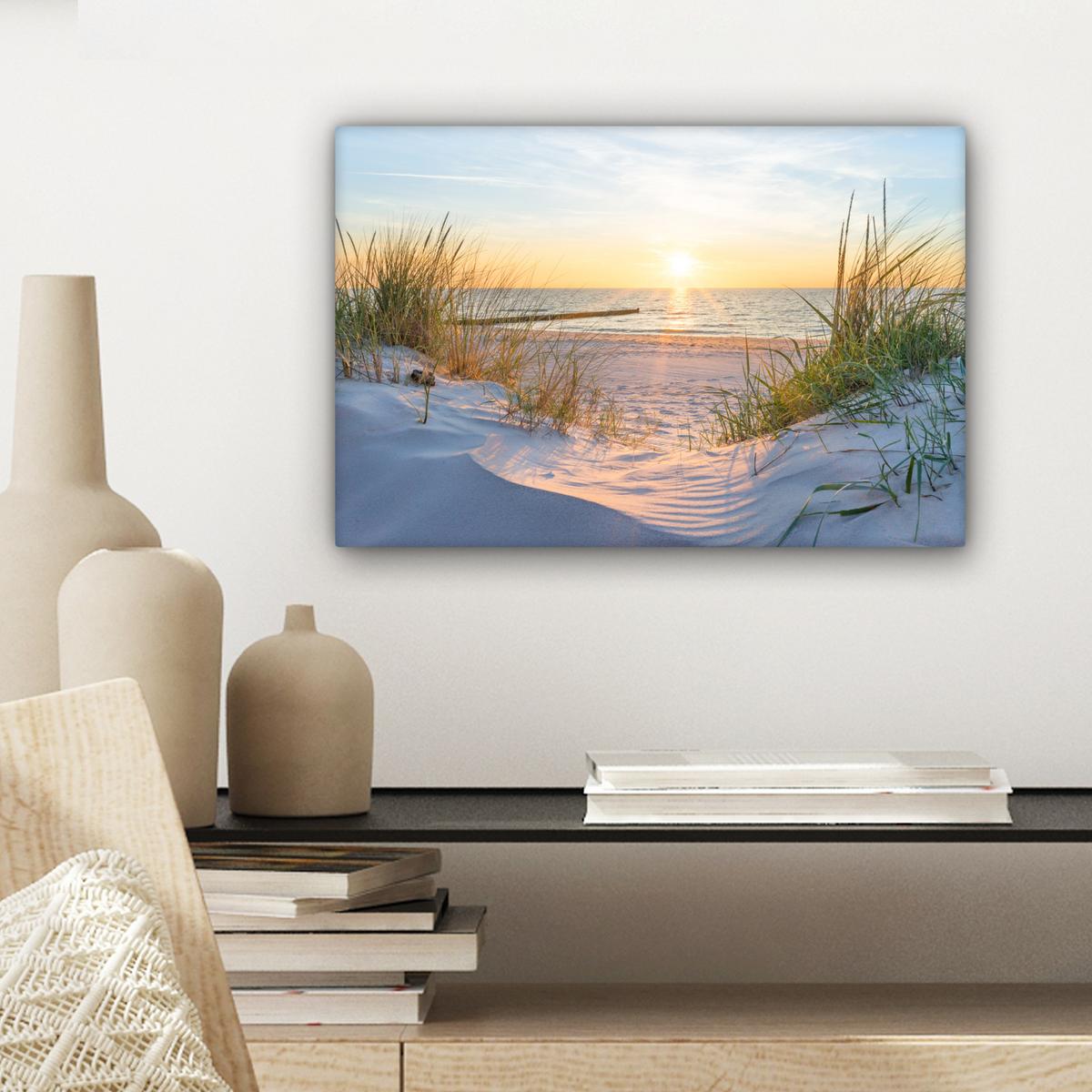 LEINWANDBILD Strand - Sonne - Düne - Gras - Sand - Horizont Deko Schlafzimmer 30x20 cm - Hellblau, Textil (30/20cm) - MuchoWow