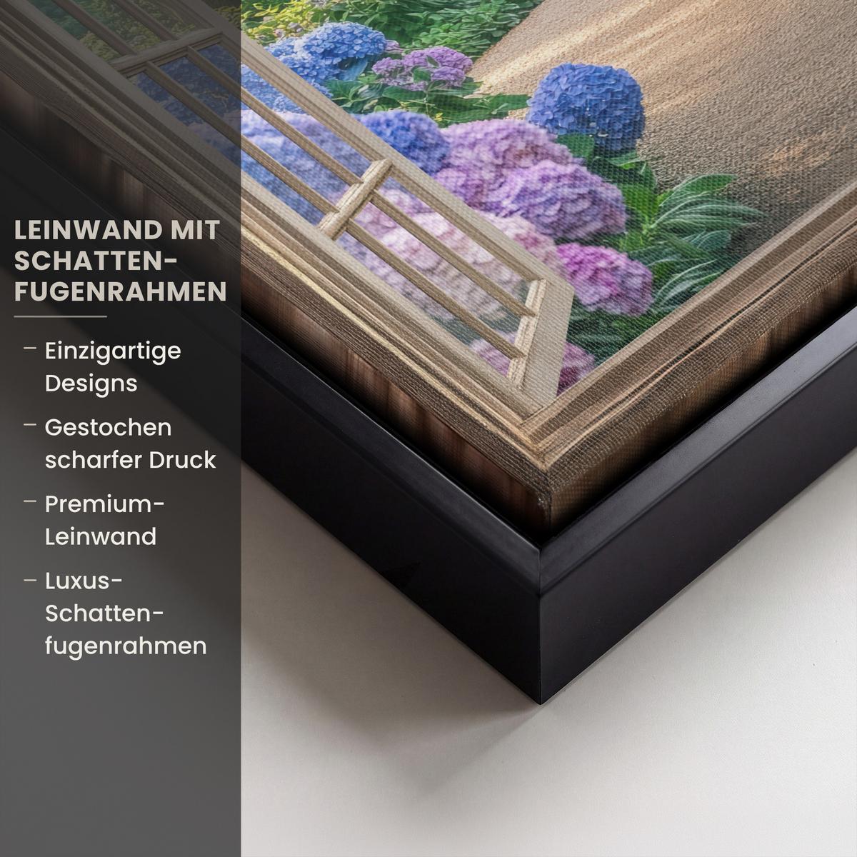 LEINWAND Bilder mit Rahmen - Aussicht - Garten - Fenster - Hortensie - Blumen - 20x20 - Pastellblau, Textil (20/20cm) - MuchoWow