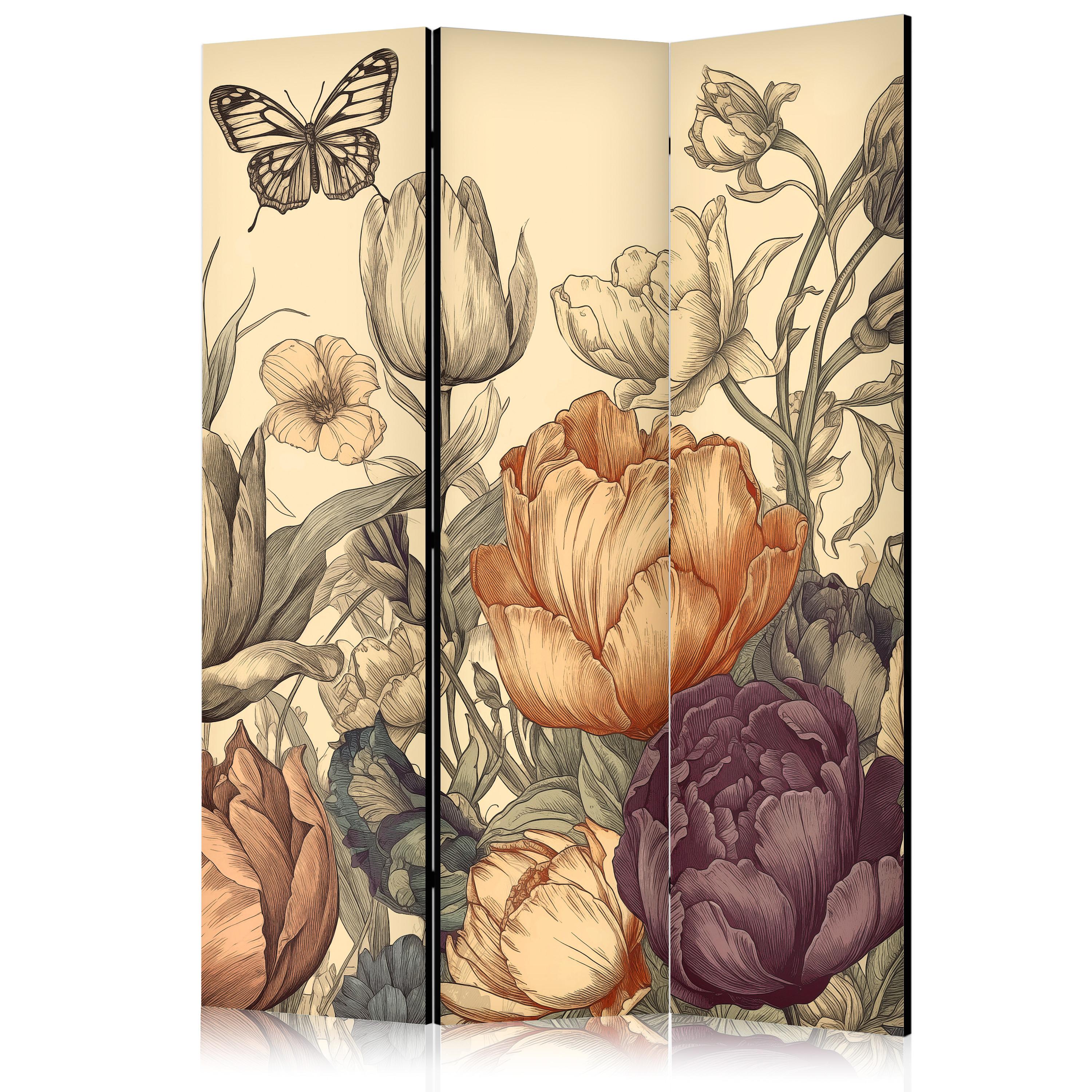 PARAVENT Akustik 3-tlg 135x172 cm Tulpen im Retro - Multicolor, Holz/Textil (135/172/3cm) - Muralo