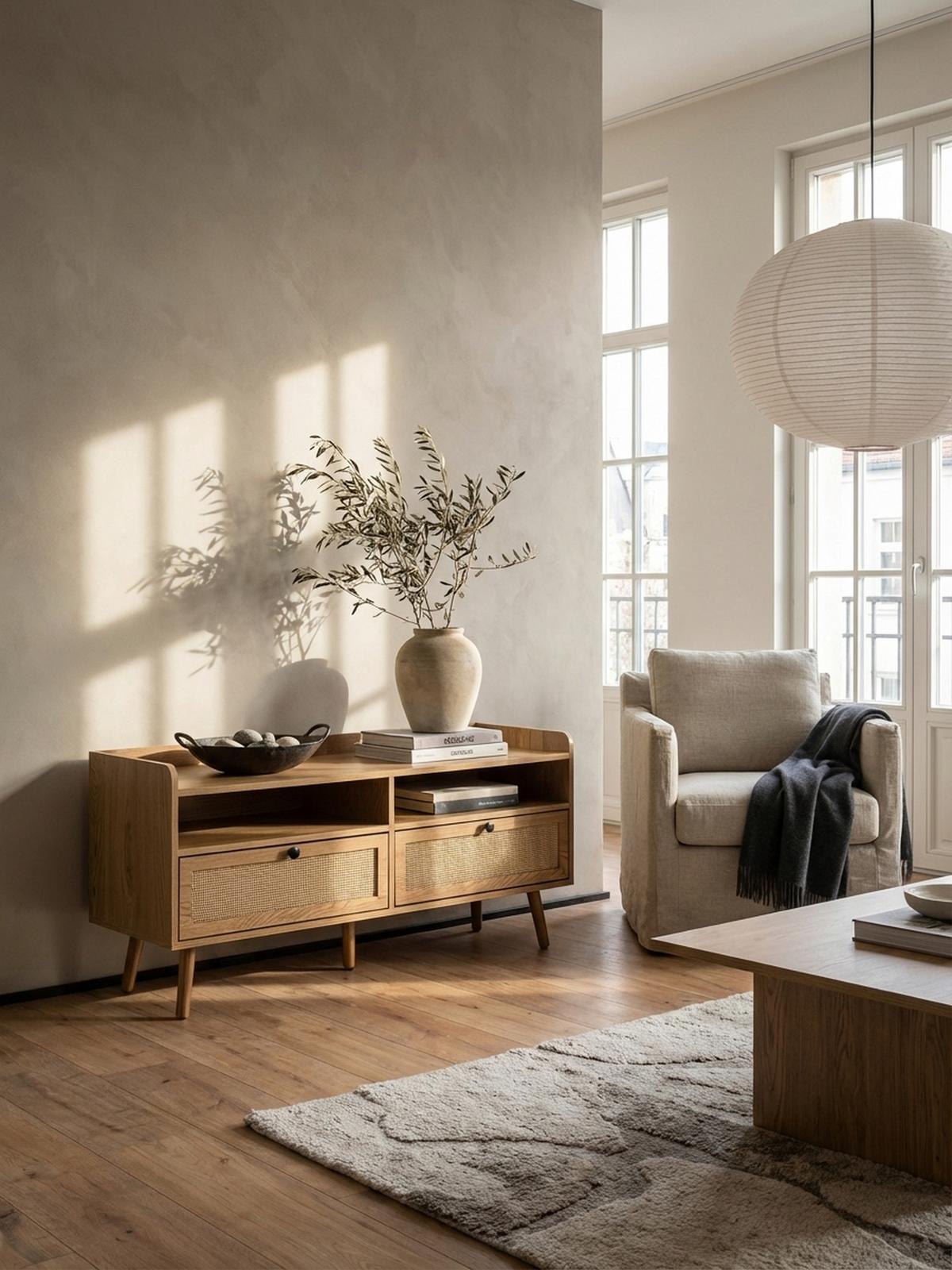 LOWBOARD Eiche-Dekor Rattan Modern Stil 120x56x39 cm mit Schubladen - Eichefarben/Braun, Holz (120/56/39cm) - KADIMA DESIGN