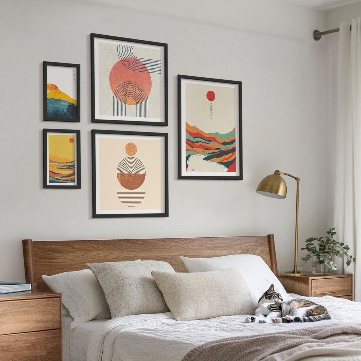 BILDER SET 5er Set - 50x50 cm & 20x30 cm & 40x60 cm Schwarzer Rahmen - Abstrakte Berglandschaften - Schwarz, Kunststoff (40/60cm) - TULUP