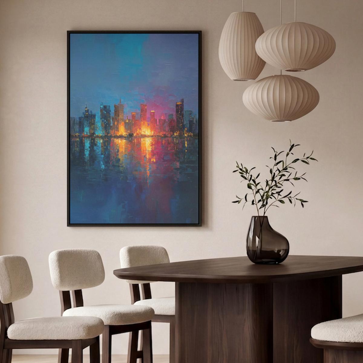 LEINWAND Bilder mit Rahmen - Skyline - Pinselstriche - Dunkelblau - Leuchtend - 80x120 - Blau, Textil (80/120cm) - MuchoWow