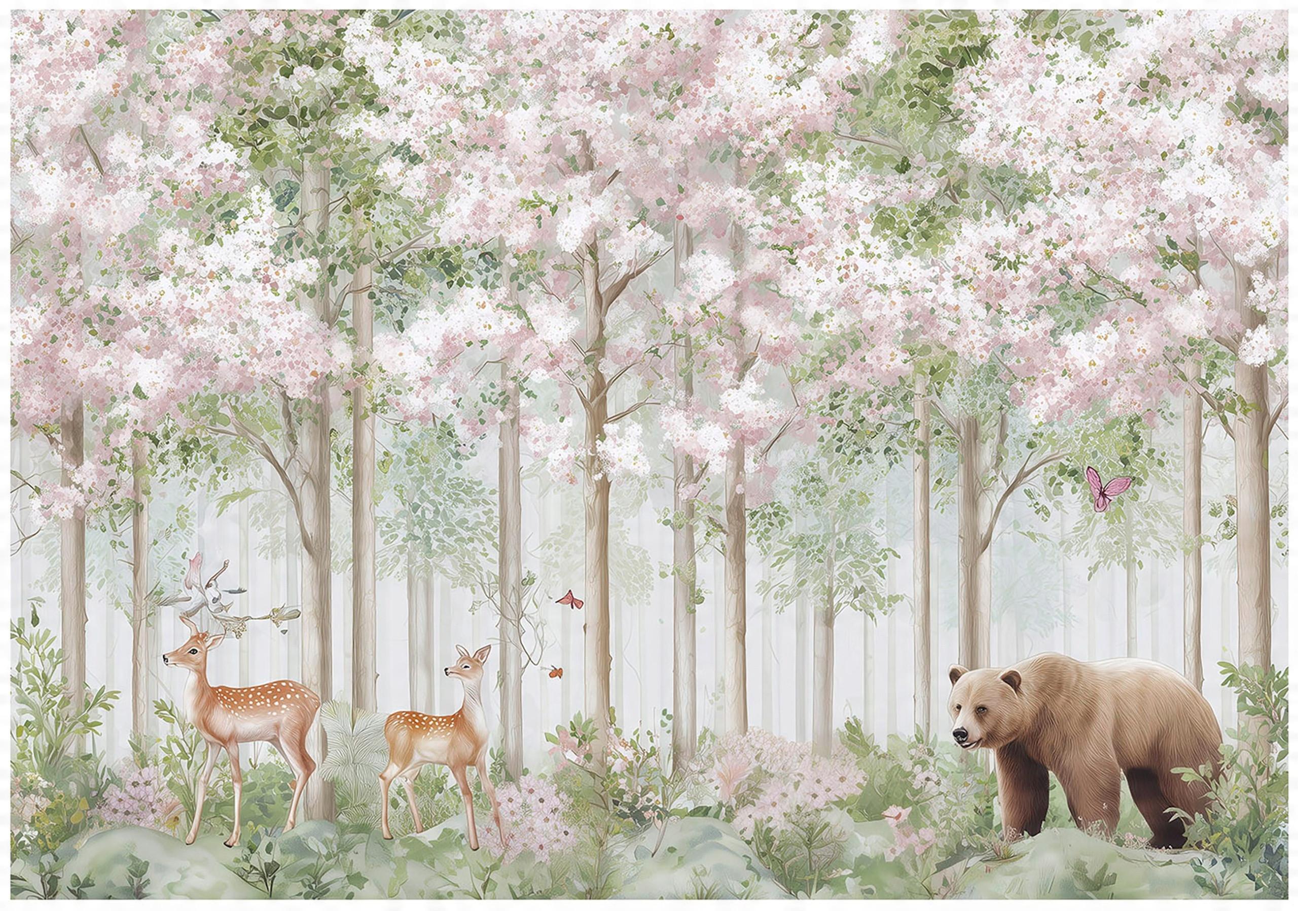 FOTOTAPETE Kinderzimmer Wald Tiere Hirsche 300x210 - Multicolor, Papier (300/210cm) - Wallarena