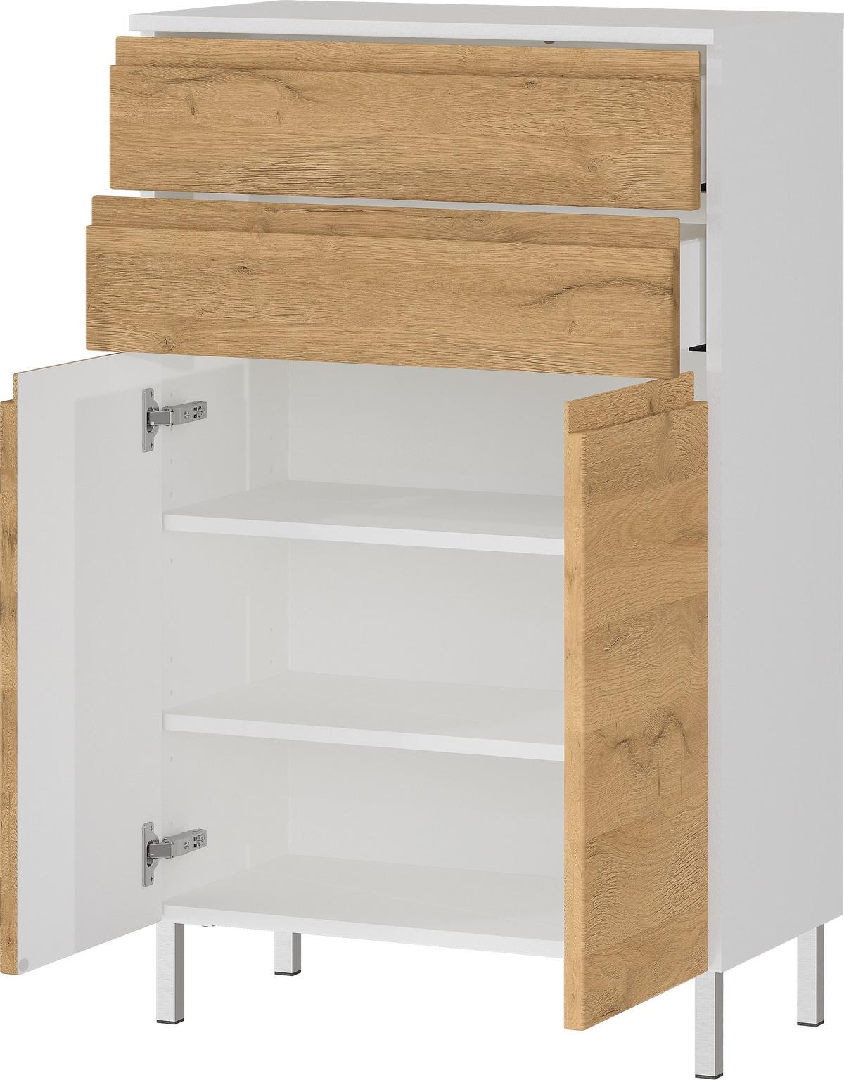 BADSCHRANK Weiß und Eiche Grandson 60x97x34 cm mit Schubladen, Chromfüßen und griffloser Front VEER - Braun, Holz/Metall (60/97/34cm) - KADIMA DESIGN