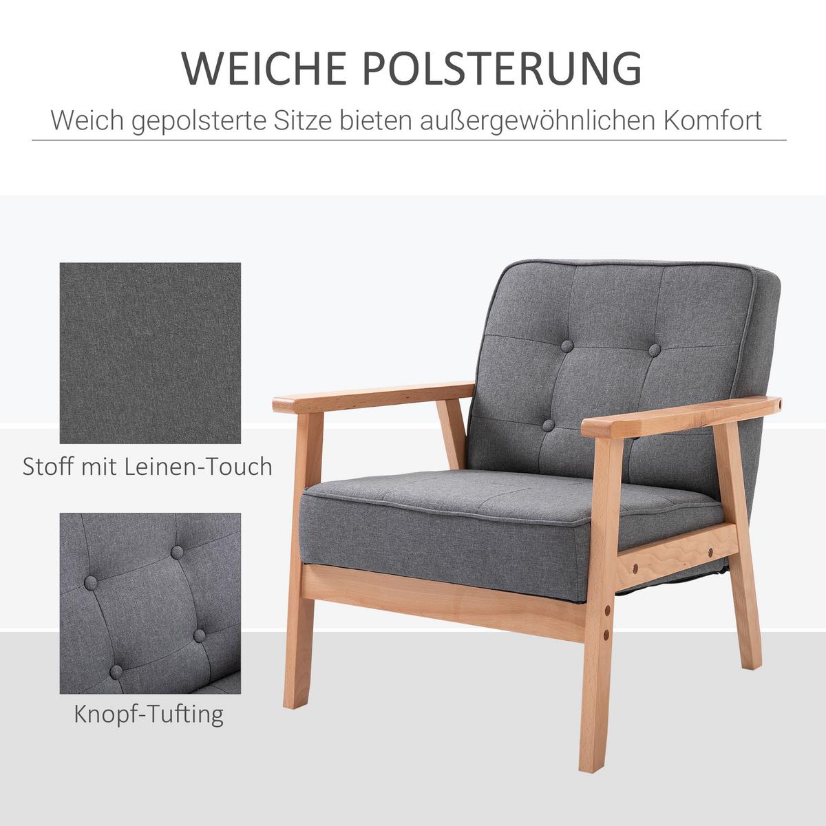 EINZELSESSEL, Loungesessel, Leinen, Grau - Grau, Holz/Kunststoff (70/74/64.5cm) - HOMCOM