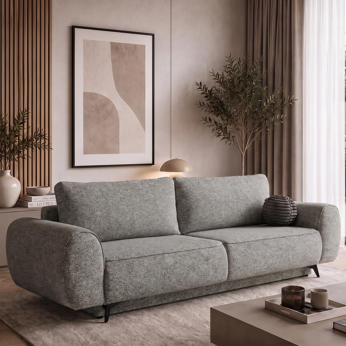 SCHLAFSOFA Vito 3-Sitzer mit Bettkasten, DL-System, Chenille-Stoff, Grau - Schwarz/Grau, Textil (256/90/99cm) - Beautysofa