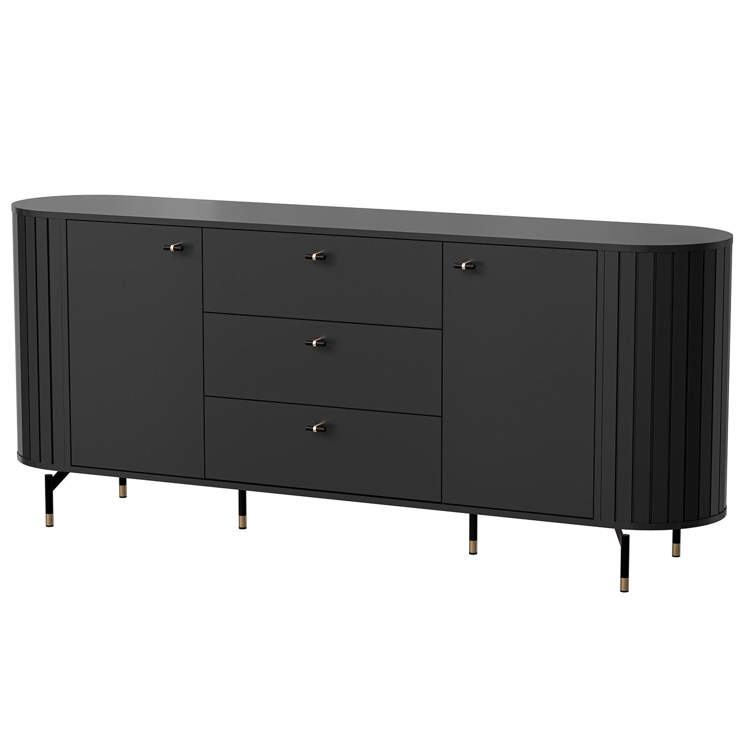 KOMMODE Zalia mit 2 Türen und 3 Schubladen, 190 cm, im Retro-Stil, Schwarz - Schwarz, Holzwerkstoff (190/81/40cm) - Beautysofa