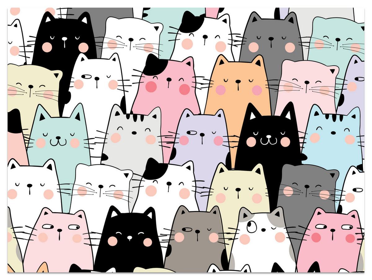 FOTOTAPETE für Kinderzimmer Bunte Katzen Cartoon Abstraktion 300x210 - Blau/Gelb, Papier (300/210cm) - Muralo