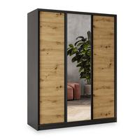 SCHWEBETÜRENSCHRANK SORE 160/205/58 cm 3-türig mit Spiegel und 4 Schubladen Schwarz - Schwarz/Eiche Artisan, Holzwerkstoff (160/205/58cm) - MASSENO