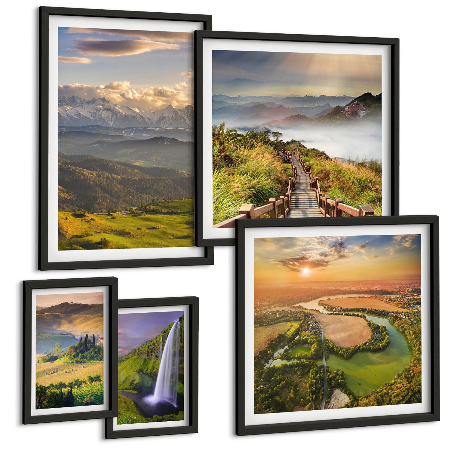 BILDER SET 5er Set - 50x50 cm & 20x30 cm & 40x60 cm Schwarzer Rahmen - Grüne Hügel mit einer Burg - Schwarz, Kunststoff (40/60cm) - TULUP