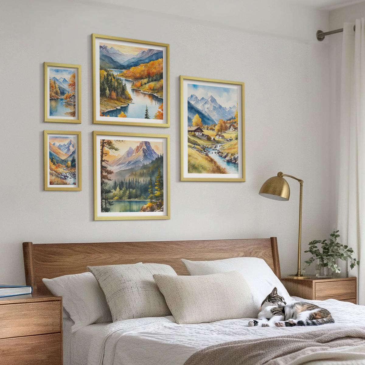 BILDER SET 5er Set - 50x50 cm & 20x30 cm & 40x60 cm Goldrahmen - Bergblick, Fluss, Herbst - Goldfarben, Kunststoff (40/60cm) - TULUP