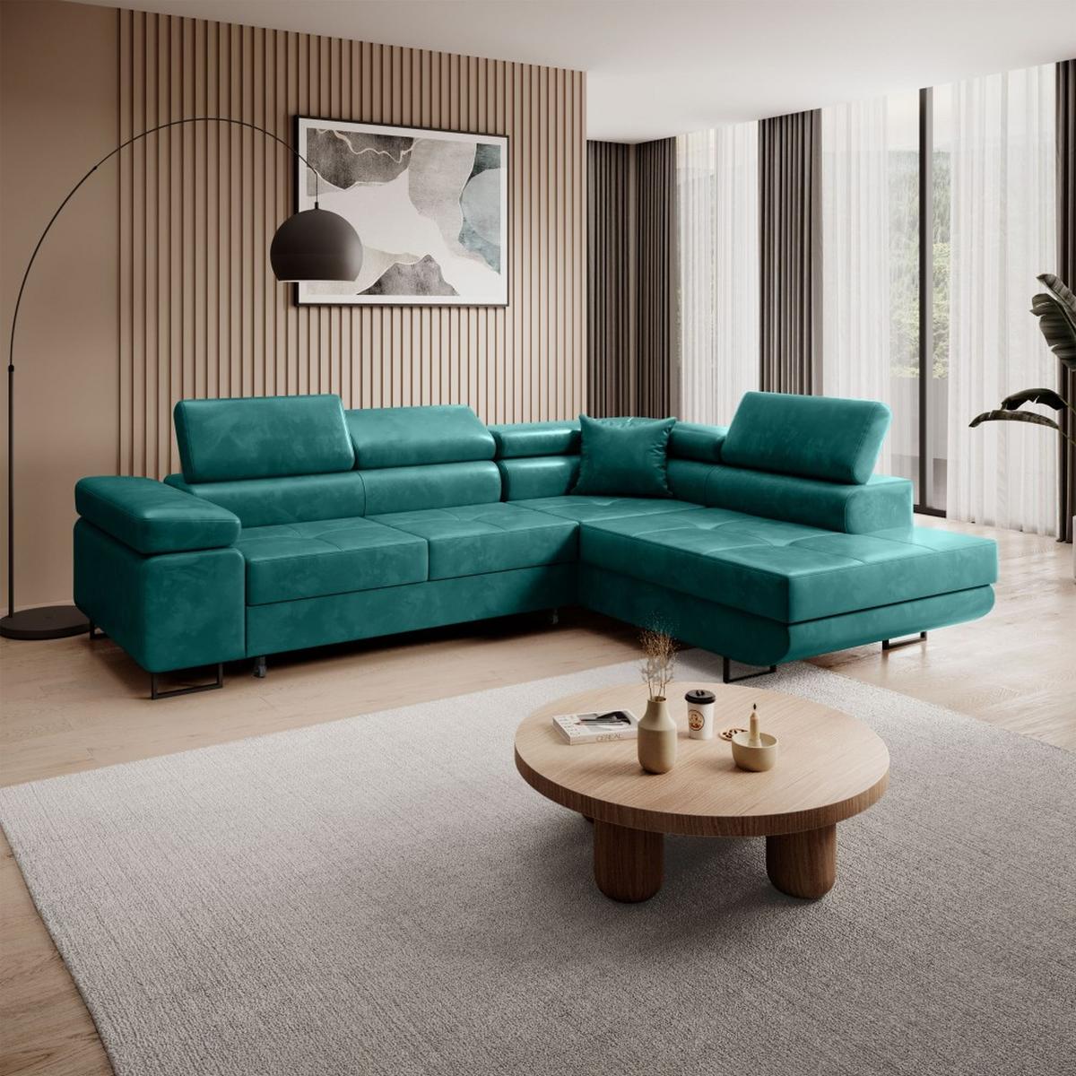 ECKSCHLAFSOFA Waldo verstellbaren Kopfstützen, Dunkelgrün, rechts - Dunkelgrün/Schwarz, Textil (275/203cm) - Beautysofa