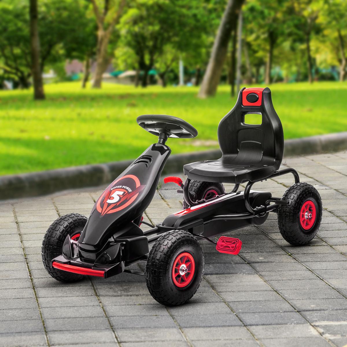 GOKART, Kinderfahrzeug mit verstellbarem Schalensitz, Tretauto, Rot+Schwarz - Rot, Metall (121/58/61cm) - HOMCOM