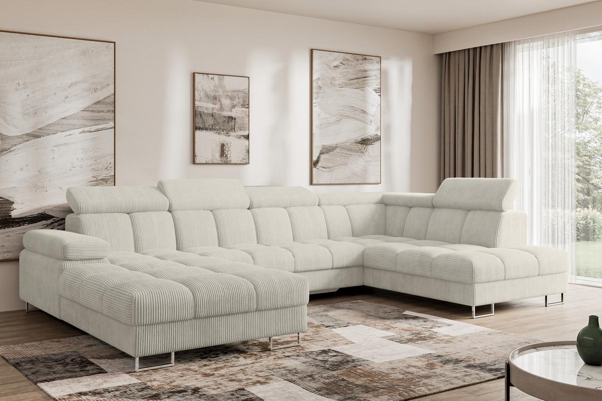 WOHNLANDSCHAFT mit Schlaffunktion und Bettkasten Ottomane RECHTS COMA U 345x203x79 Creme Cord - Mokka, Holzwerkstoff/Textil (203/79/345cm) - ALTDECOR