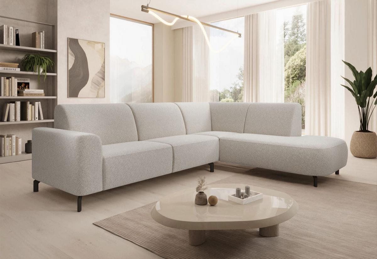 ECKSOFA Lununa Creme mit Armlehne, Bouclé, Ottomane rechts - Creme/Schwarz, Textil/Metall (218/277cm) - Selsey