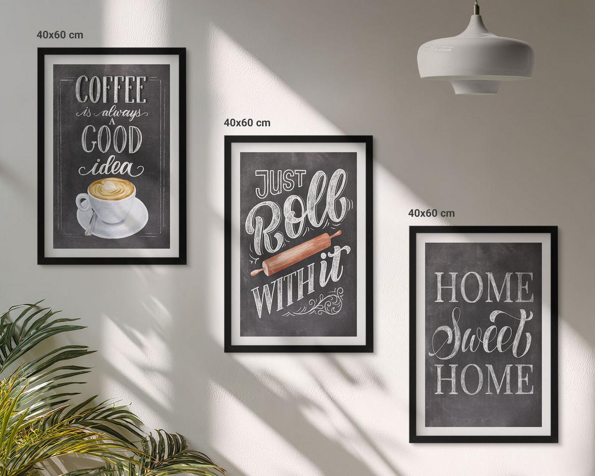 BILDER SET 3er Set - 40x60 cm Schwarzer Rahmen - Kaffeeroller, heimelige Wärme - Schwarz, Kunststoff (40/60cm) - TULUP