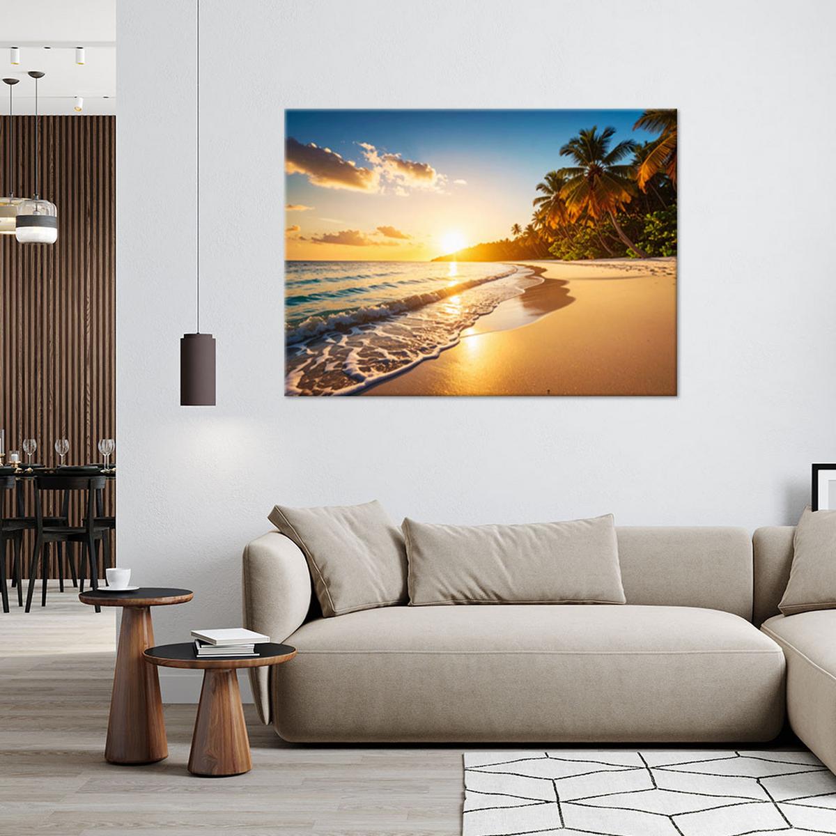 LEINWANDBILD Sonnenuntergang Strand Meer 90x60cm - Orange, Textil (90/60cm) - Feeby