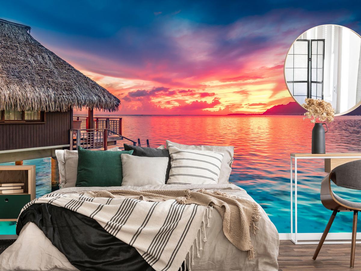 FOTOTAPETE für Wohnzimmer Sonnenuntergang Ozean Holzhütte 350x256 - Türkis/Blau, Papier (350/256cm) - Muralo
