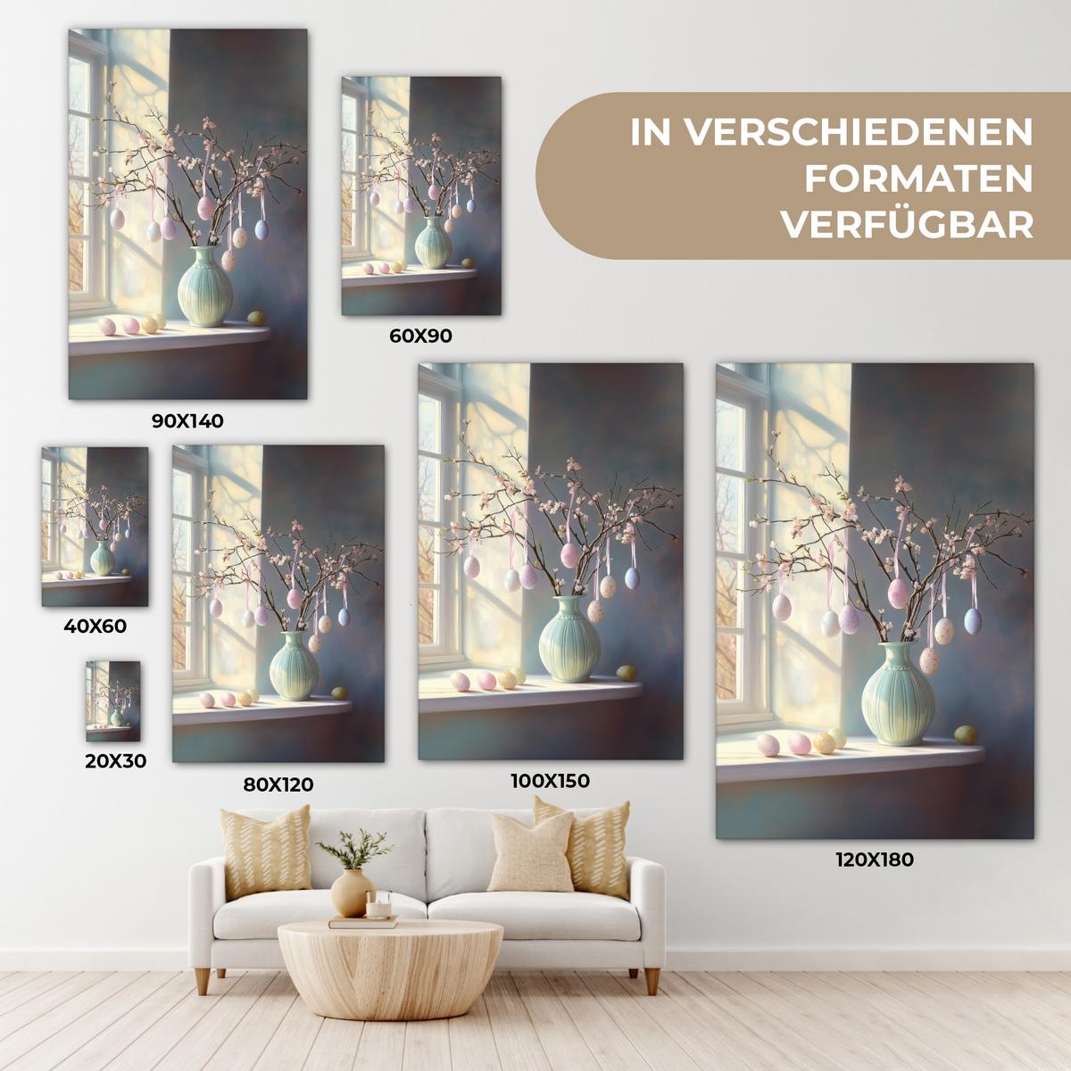 LEINWANDBILD Stillleben - Vase - Osterzweig Deko XXL 80x120 cm - Hellblau, Textil (80/120cm) - MuchoWow