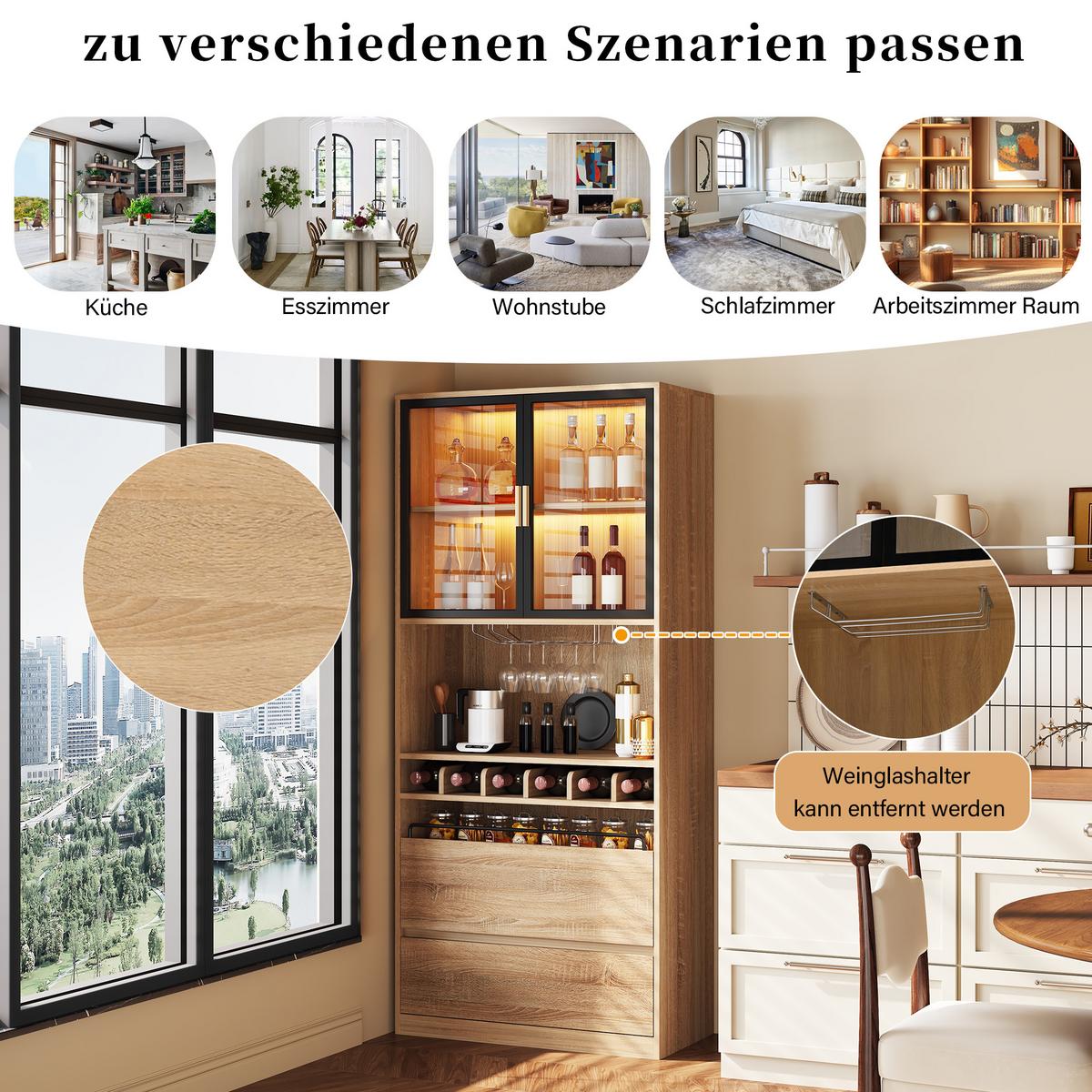 KÜCHENSCHRANK natur-optik 180 cm hoch mit 3-farben led & weinregal - Naturfarben, Holzwerkstoff (80/180/40cm) - Urban Meuble
