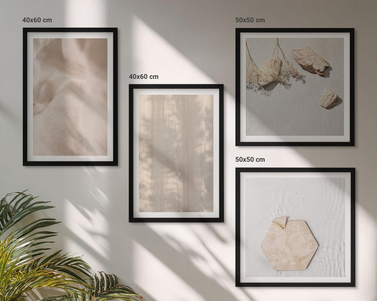 BILDER SET 4er Set - 50x50 cm & 40x60 cm Schwarzer Rahmen - Dezente Boho-Naturtexturen - Schwarz, Kunststoff (50/50cm) - TULUP