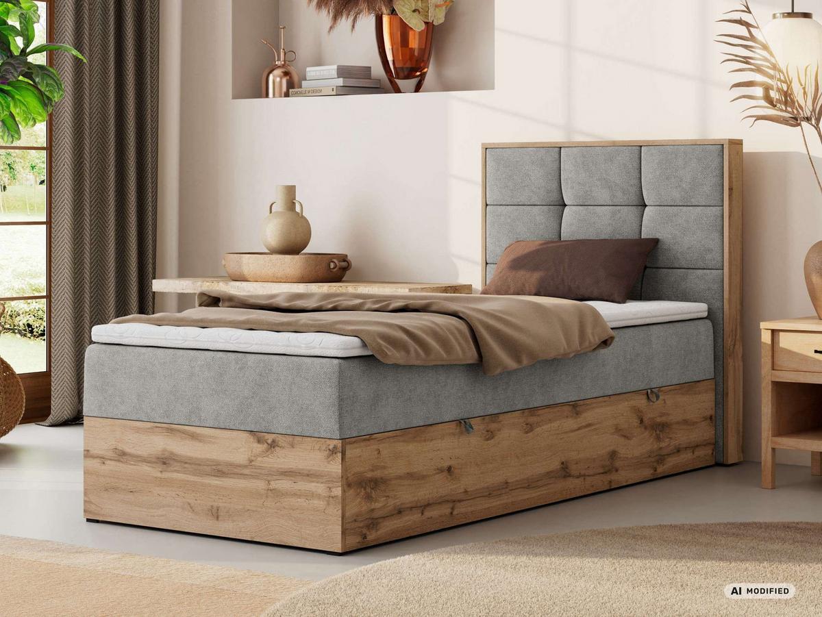 BOXBETT ALBERO 1 90/200 - Hellgrau Stukture - Topper T25 - H3 - Rechts - Silberfarben/Hellgrau, Kunststoff/Textil (90/200cm) - MKS