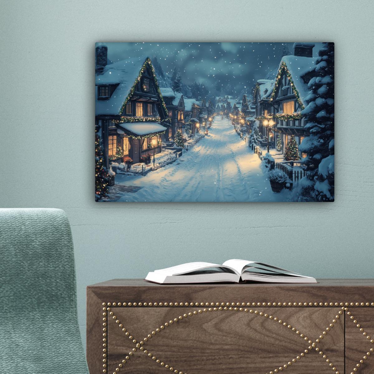 LEINWANDBILD Weihnachtsdorf - Weihnachten - Schnee - Winter Deko Schlafzimmer 30x20 cm - Dunkelblau, Textil (30/20cm) - MuchoWow