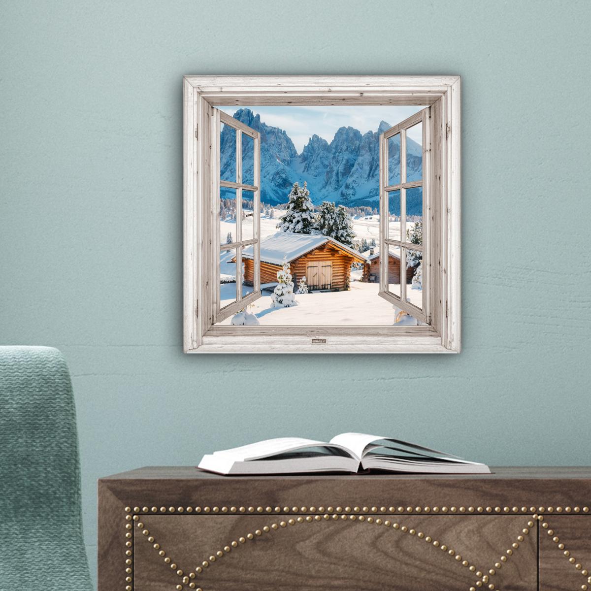LEINWANDBILD Winterlandschaft - Hütte - Berge - Ausblicke - Aussicht - Natur Deko Wohnzimmer 20x20 cm - Weiß Hochglanz, Textil (20/20cm) - MuchoWow