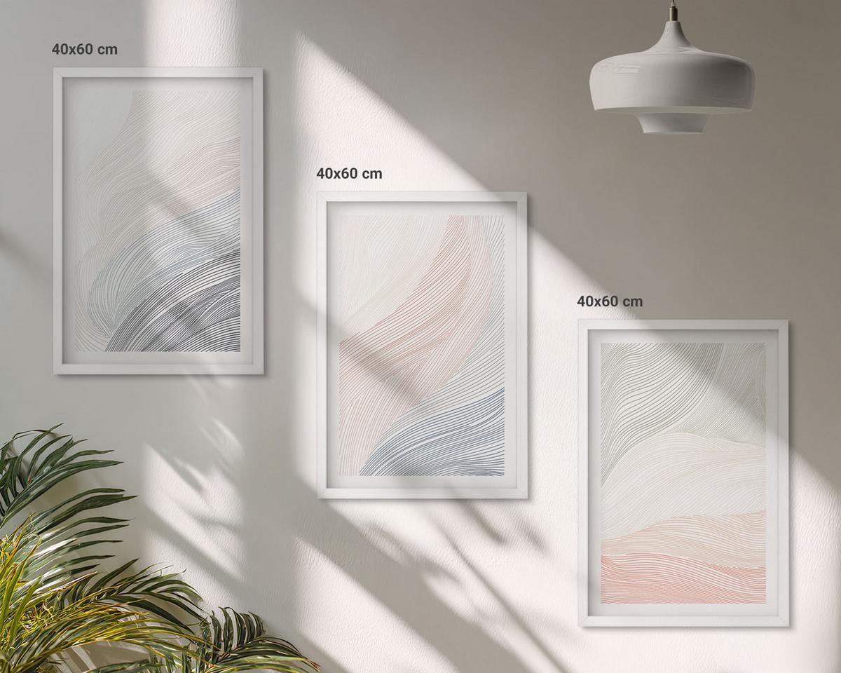 BILDER SET 3er Set - 40x60 cm Weißer Rahmen - Abstrakte Wellen, Karton, Pastell - Weiß, Kunststoff (40/60cm) - TULUP