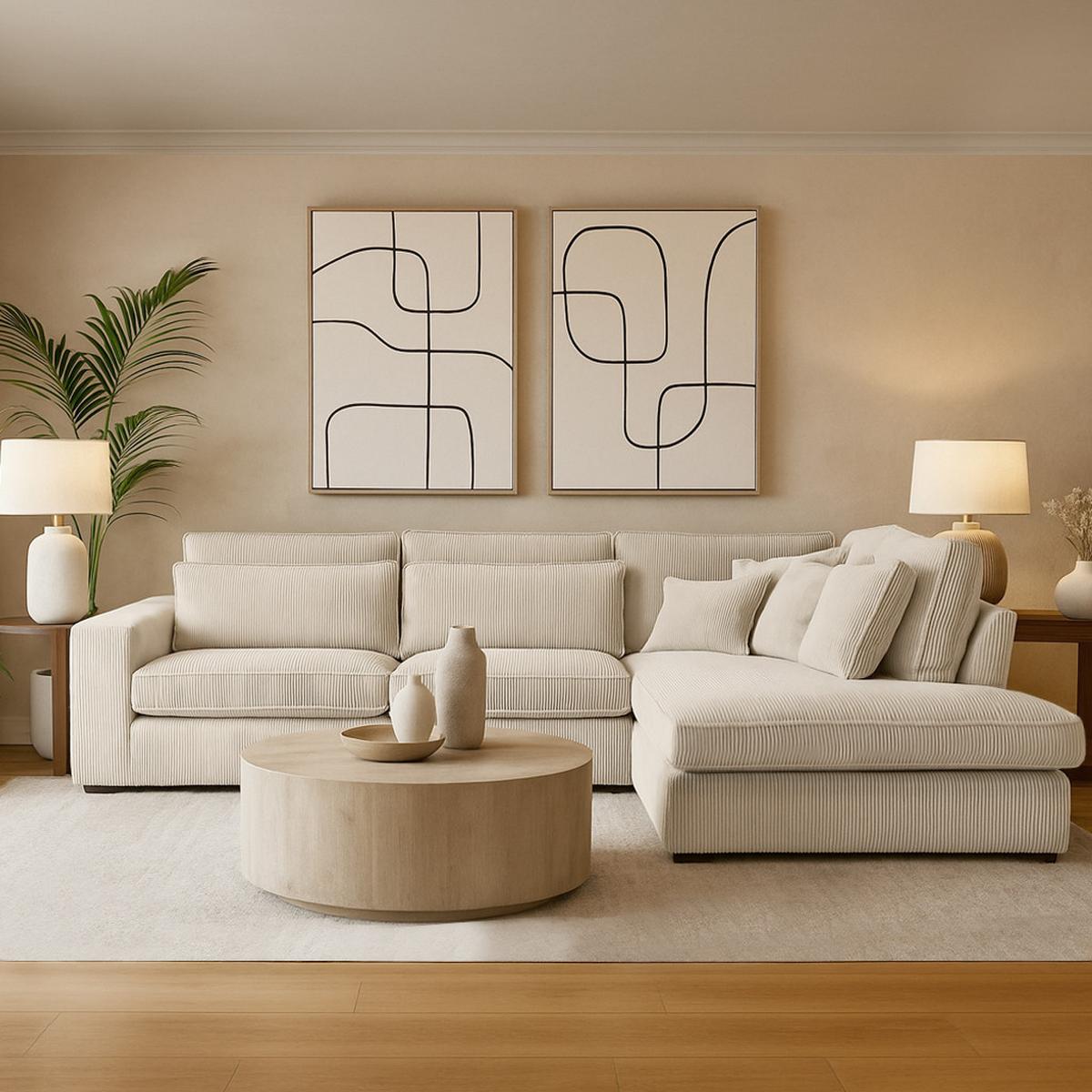 ECKSOFA Parma ohne Schlaffunktion, Cord-Stoff, Creme, Rechts - Beige/Schwarz, Textil (314/224cm) - Beautysofa