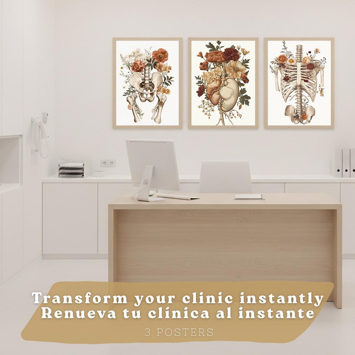 POSTER Set aus 3 Anatomie Mensch Florale Vintage Drucke und Wandbilder mit Herz Brustkorb und Becken Wanddekoration Größe Leichter Holzrahmen A3 - Beige, Papier (29.7/42/3cm) - Nacnic