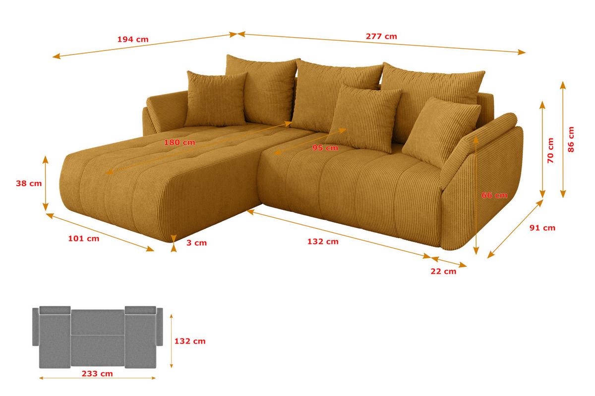 ECKSOFA mit Schlaffunktion Ottomane Links TOKO-L 277x194x86 Senfgelb Cord - Dunkelgelb/Schwarz, Holzwerkstoff/Kunststoff (277/194cm) - ALTDECOR