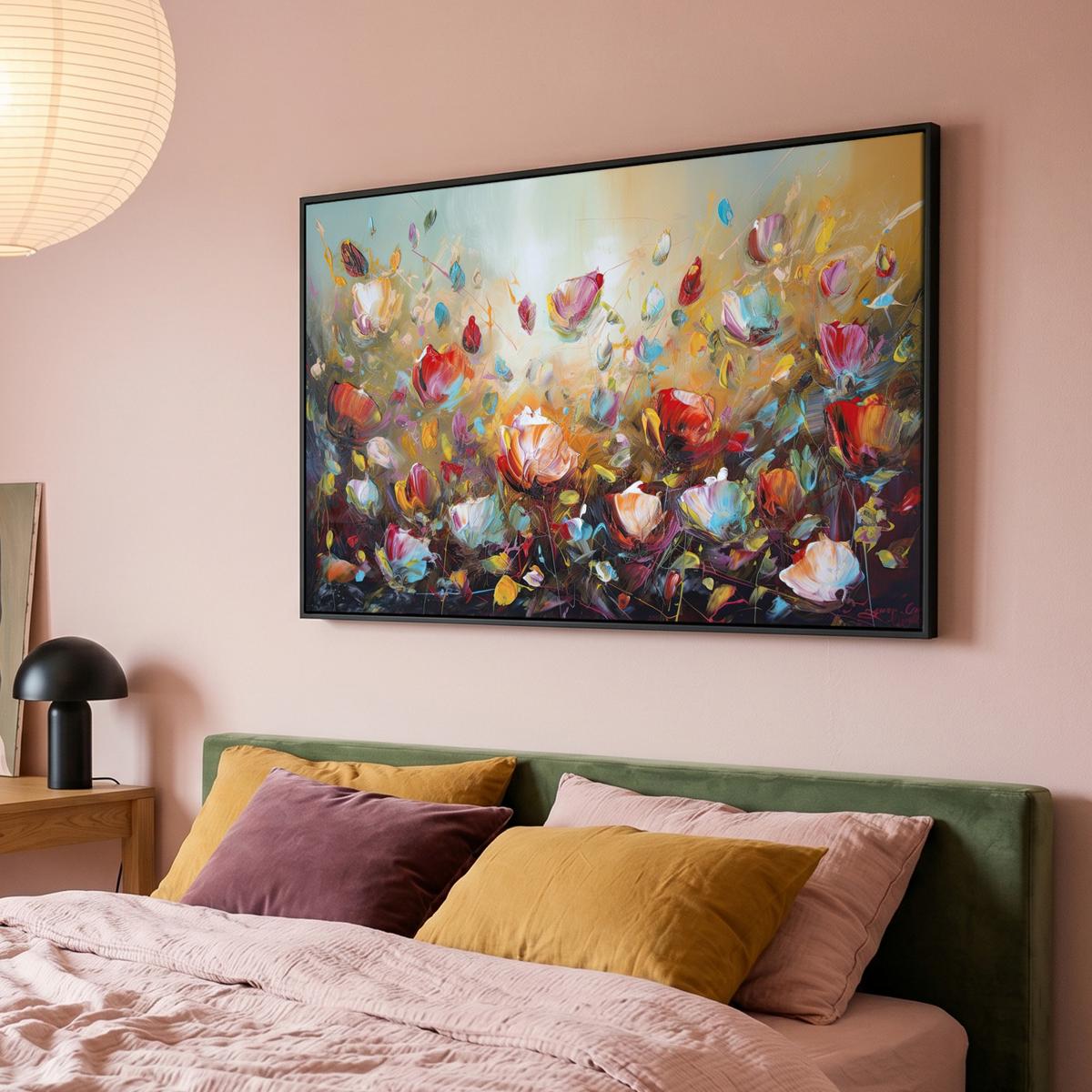 LEINWAND Bilder mit Rahmen - Blumen - Kunst - Natur - Ölgemälde - 140x90 - Multicolor, Textil (140/90cm) - MuchoWow