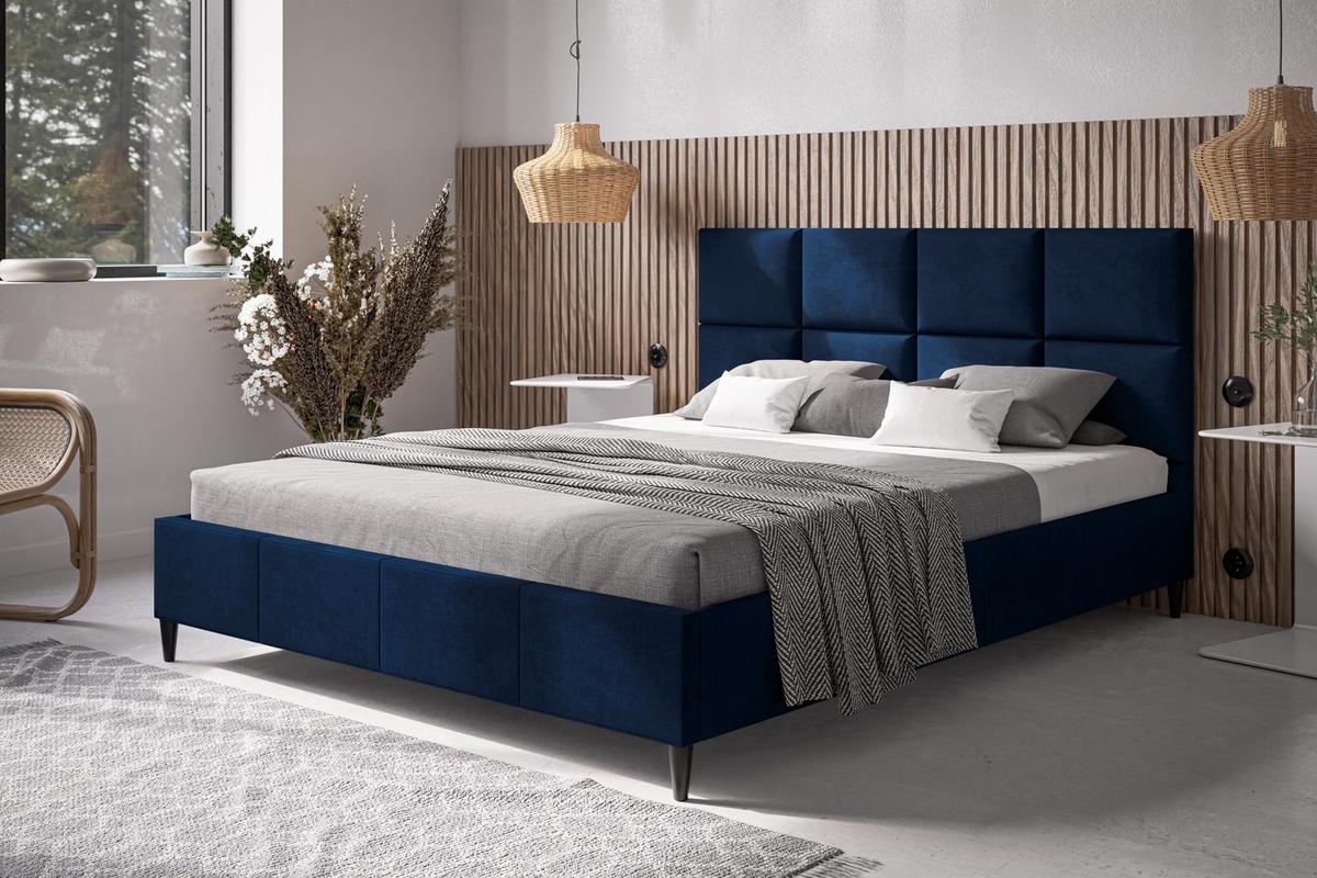 POLSTERBETT LUX Roma mit Kopfteil, 160 x 200 cm, Doppelbett mit Lattenrost aus Holz, Velourstoff Dunkelblau, Füße in Farbe: Schwarz - Dunkelblau, Holz/Textil (160/200cm) - Alpi-Möbel