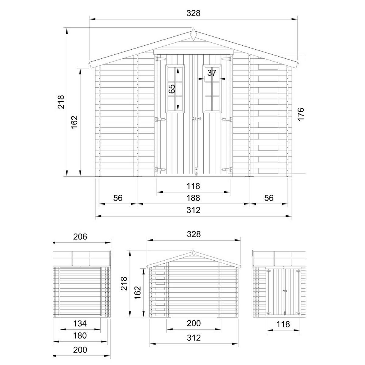 HOLZHAUS GARTENHAUS mit Brennholzschuppen M389C+M389G - mit imprägniertem Boden- 3,53 + 0,97 + 0,97 m2 - Beige, Holz (312/218/206cm) - Timbela