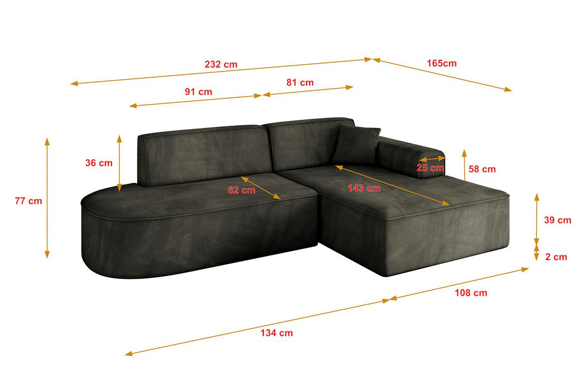 ECKSOFA Ottomane Rechts IREA-L1-v3 - 232x165x77 cm Schwarz - Schwarz, Holzwerkstoff/Textil (232/165cm) - ALTDECOR